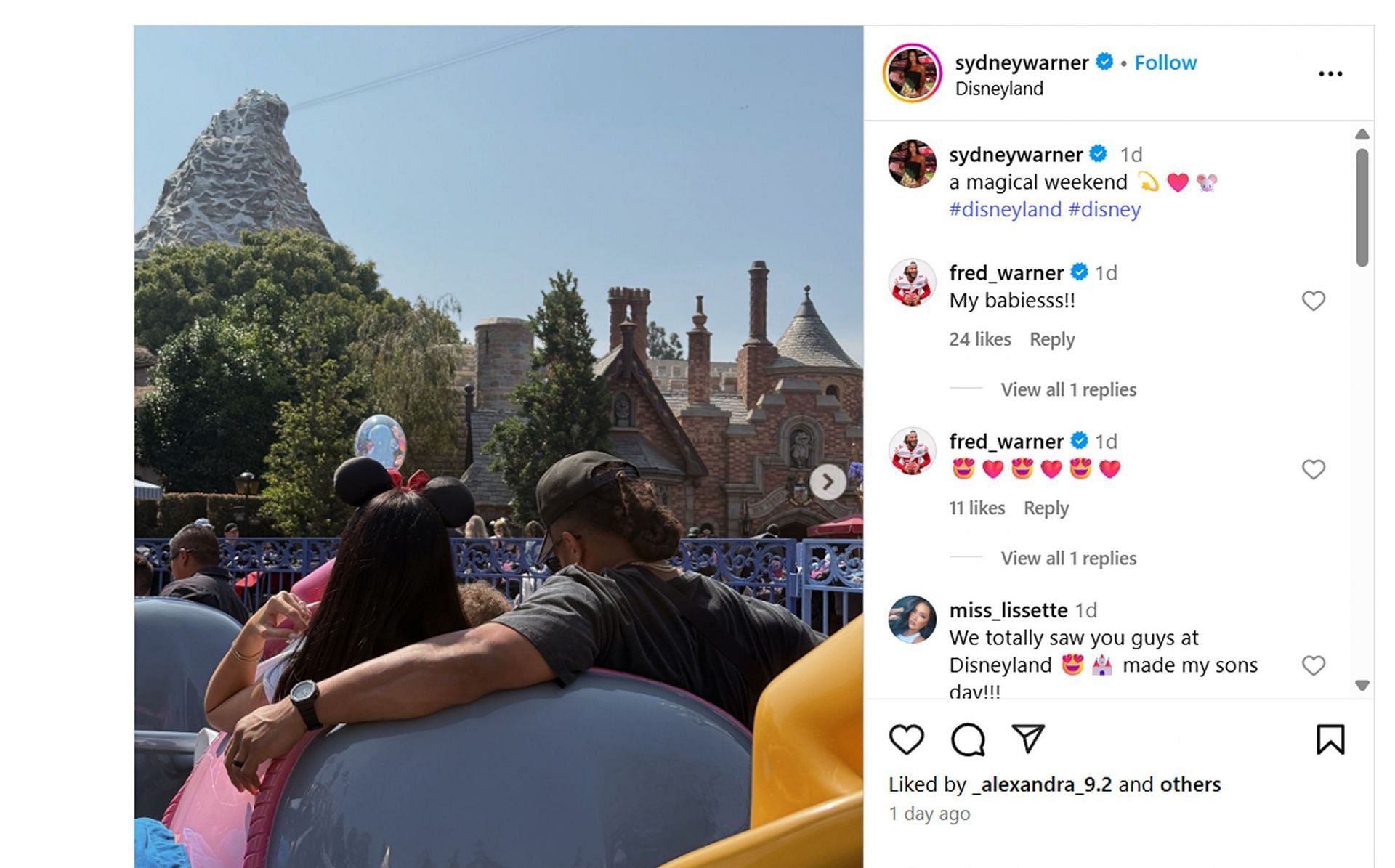 Fred Warner drops message after 'magical' Disneyland visit with wife Sydney and kid Beau/@sydneywarner